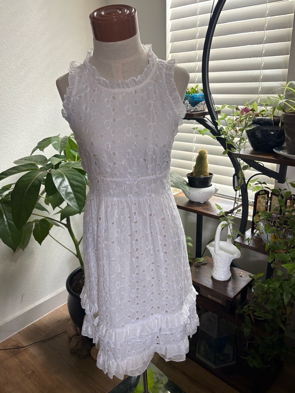 J. Crew White Laser Cut Lace Eyelet Ruffle Details High Neck Silk Mini Dress NWT